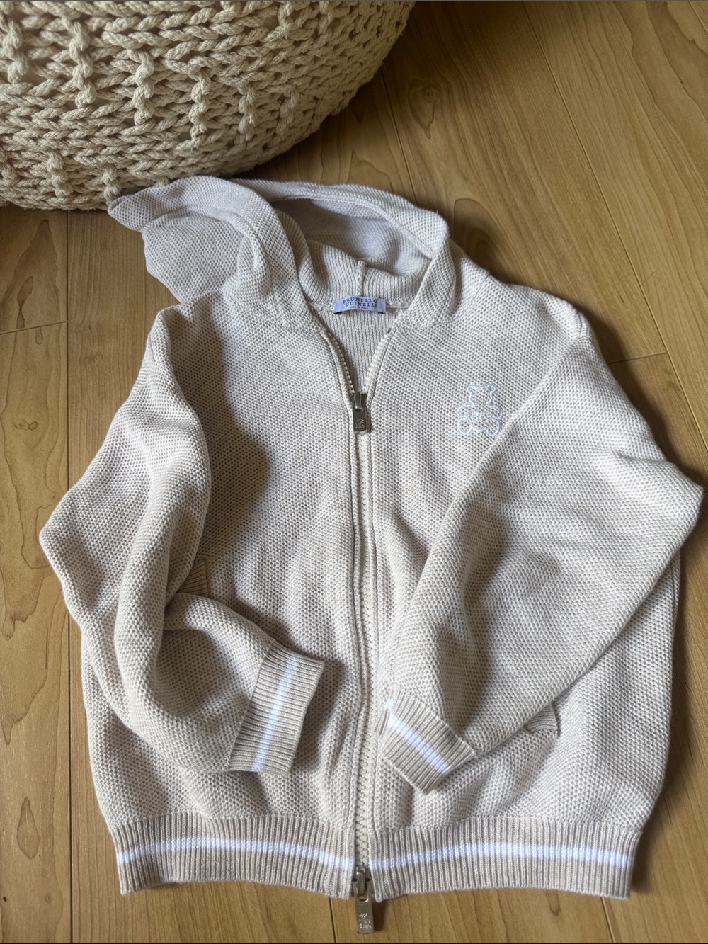 Brunello Cucinelli Cream Hooded Zip Knit Sweater for Kids